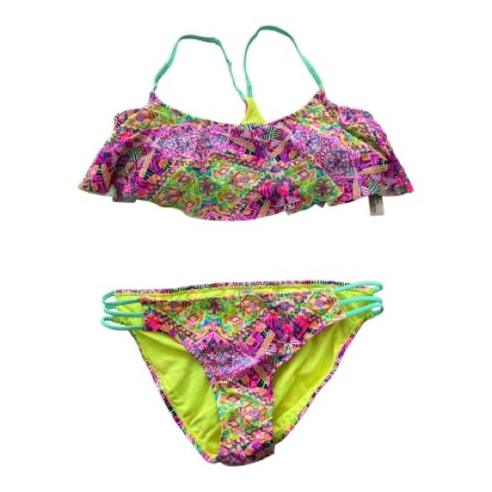 Arizona Jean Neon Multi-Color Ruffle Bikini Size Top: XL & Size: Bottom L